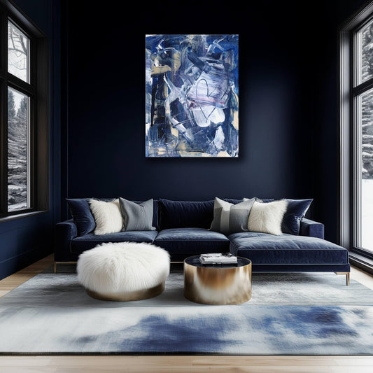 Abstract blue canvas decor with white heart
