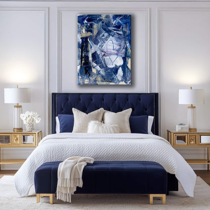 Bedroom with a blue heart abstract canvas painting above bed
