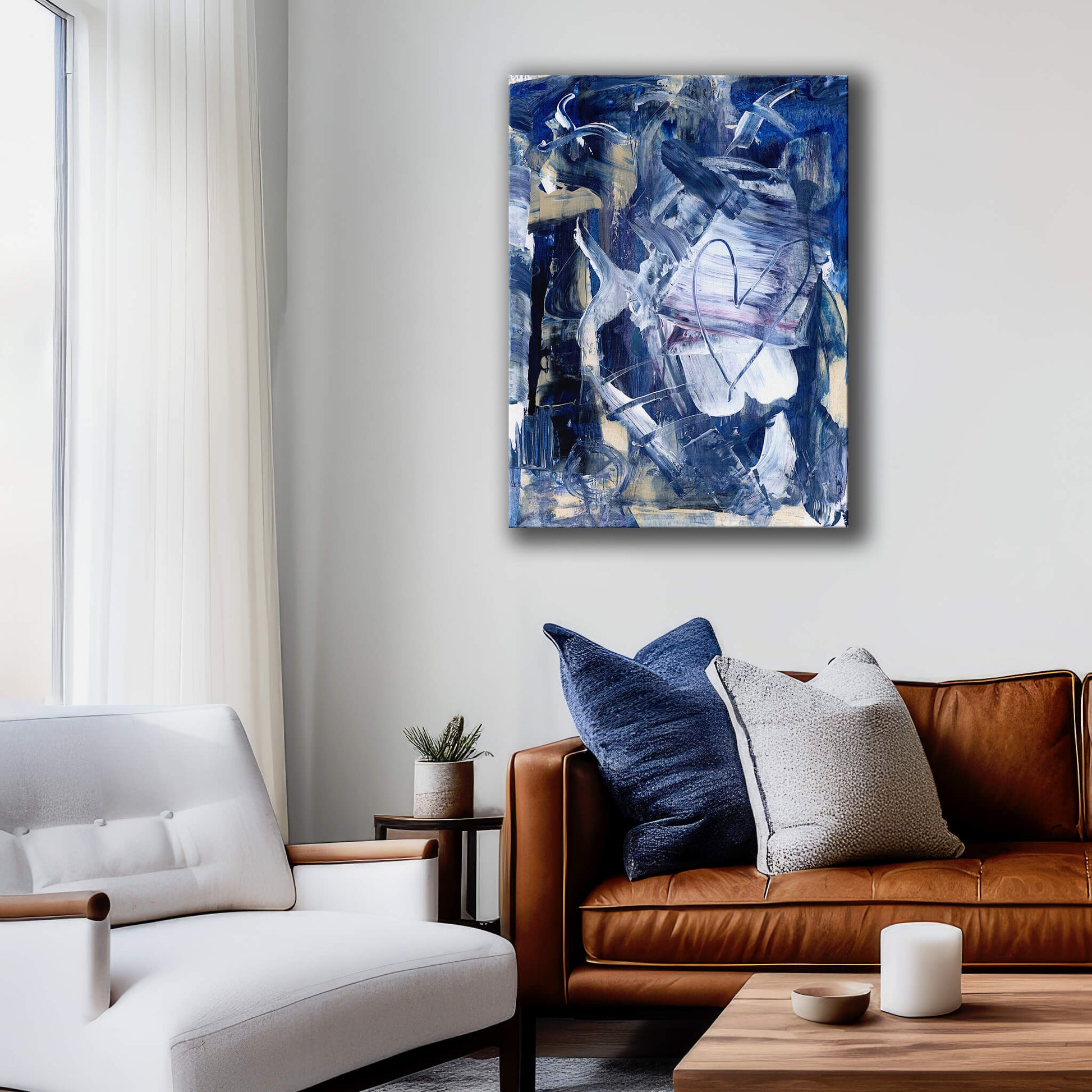 Living room close up of heart canvas abstract painting urban art