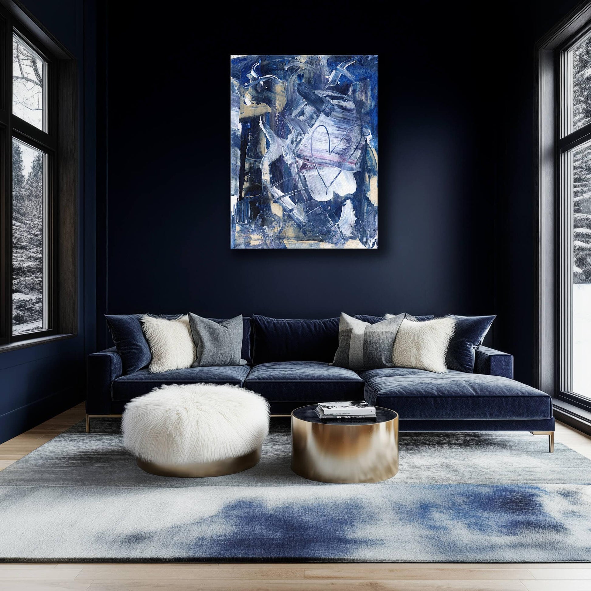 Abstract blue canvas decor with white heart